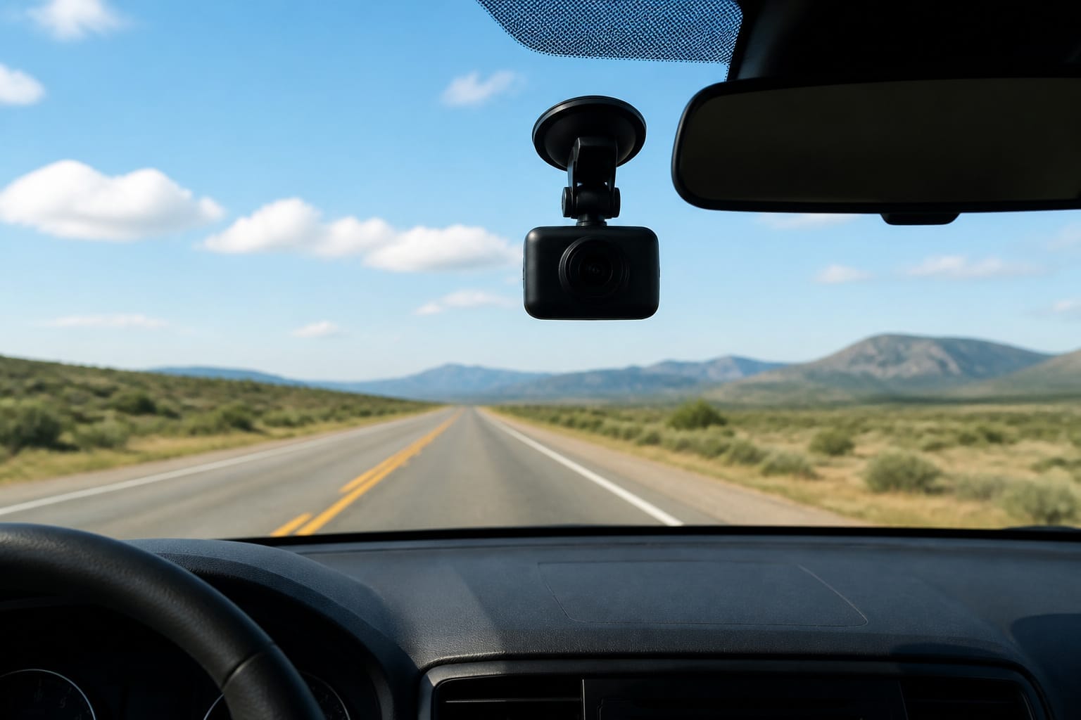 Dash cam mounted high and centered near the rearview mirror with a wide view of the road