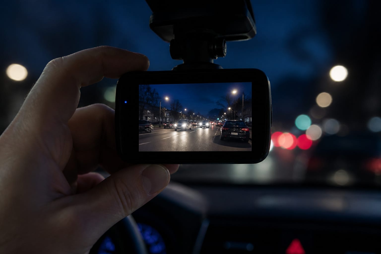 Dash cam display showing a clear nighttime road scene with headlights and streetlights