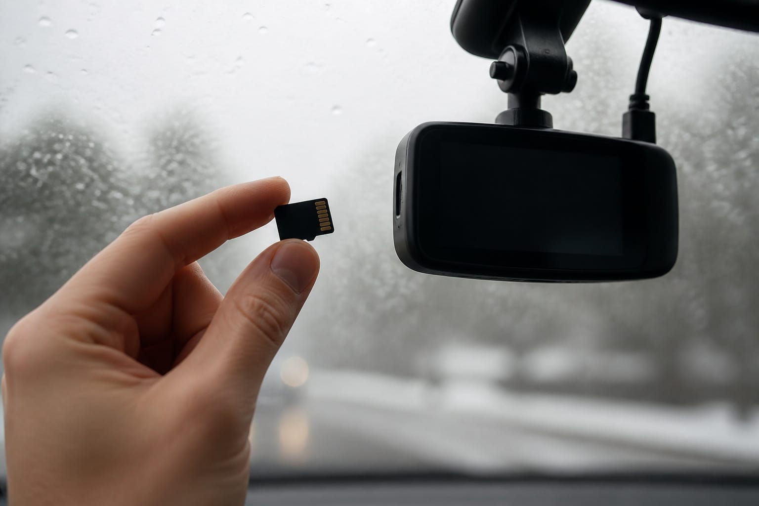 Hand holding a microSD card in front of a dash cam with rain on the windshield