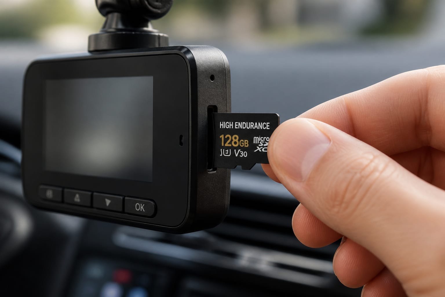 Hand inserting a high-endurance microSD card into a dash cam
