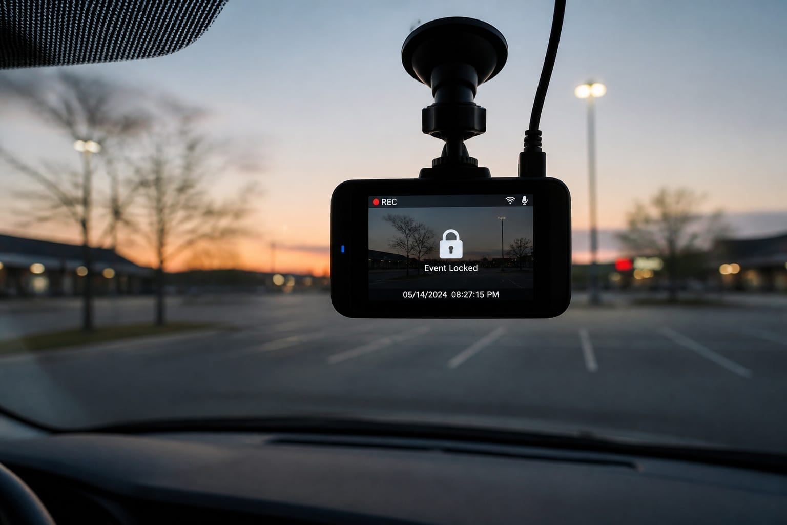 Dash cam screen showing a locked event clip while parked