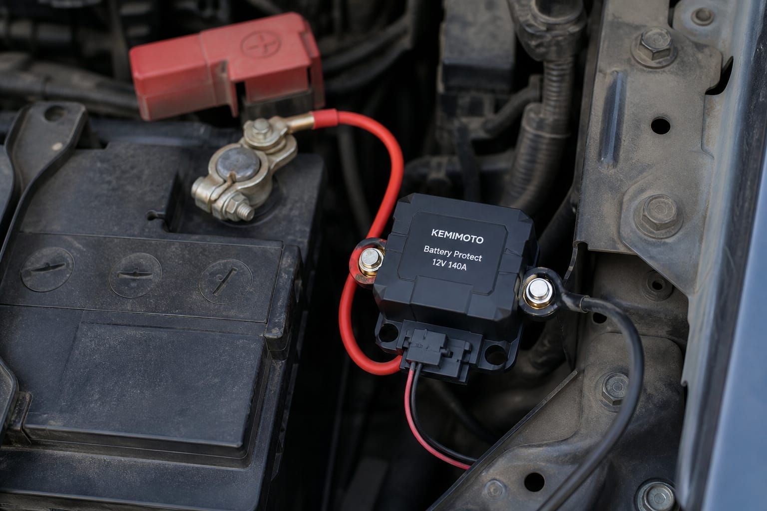 Low-voltage cutoff module wired to a car battery for dash cam parking mode
