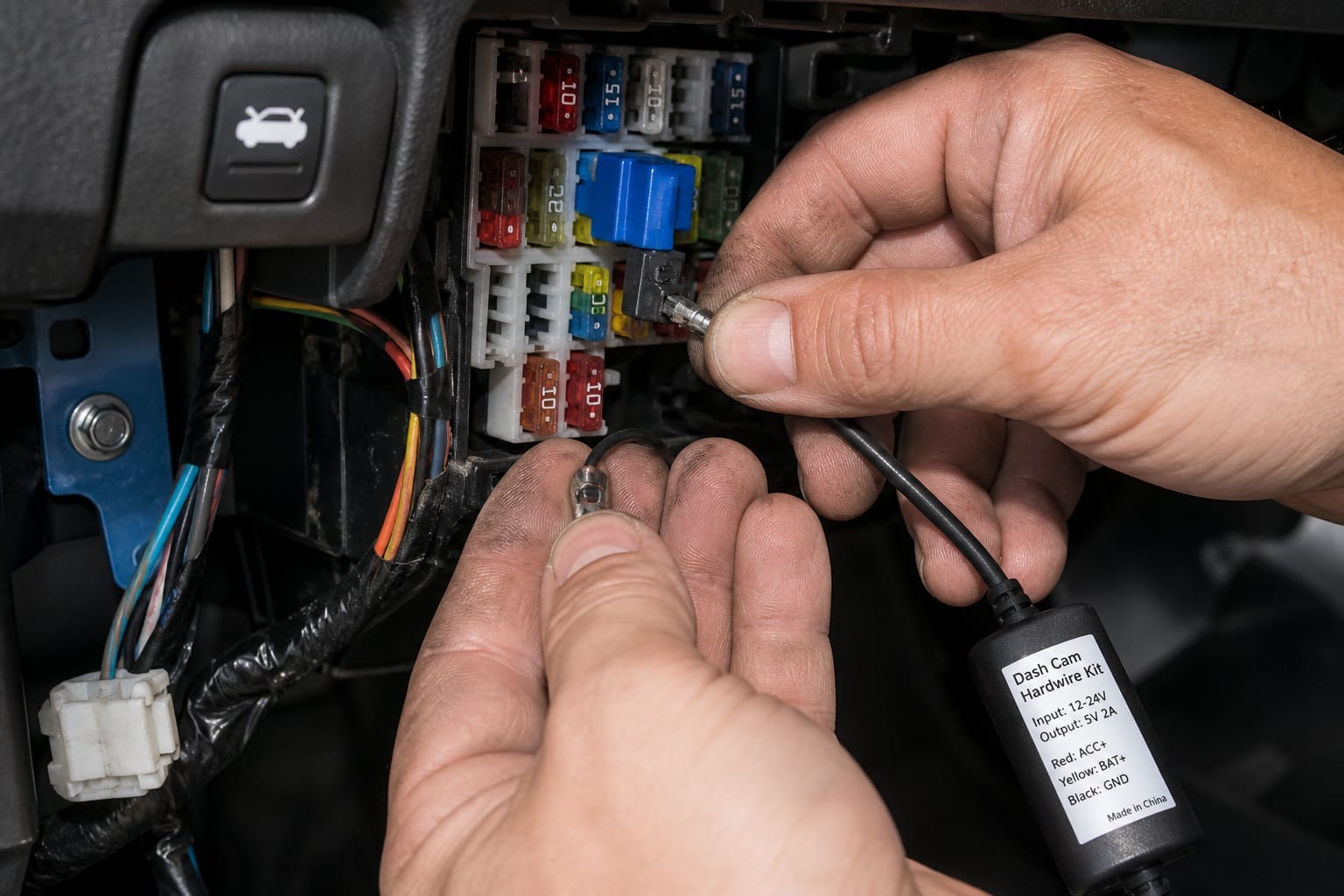 Hardwire kit cable connected to a car's fuse box for a dash cam
