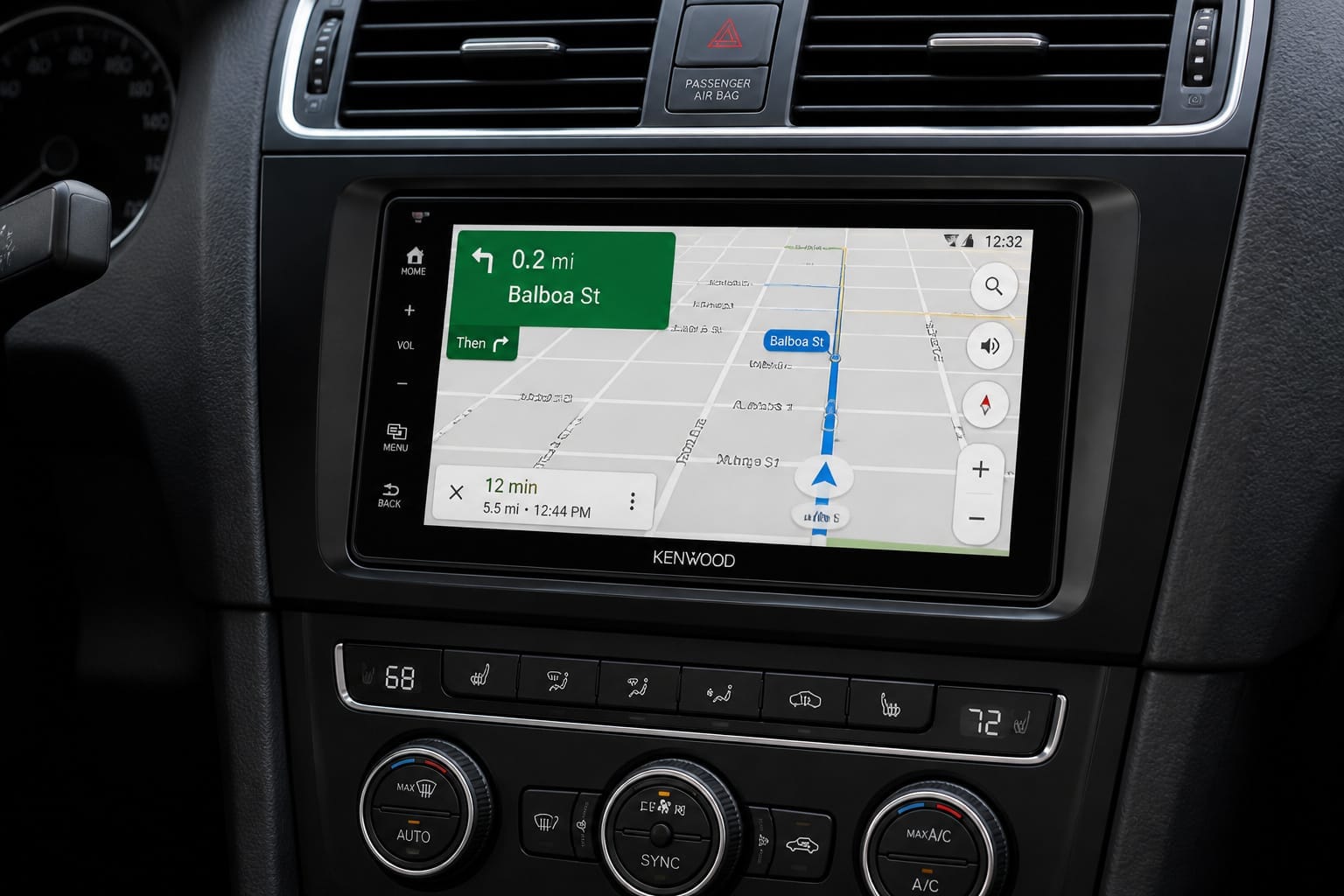 Large touchscreen double-DIN car stereo with navigation installed in a modern dashboard