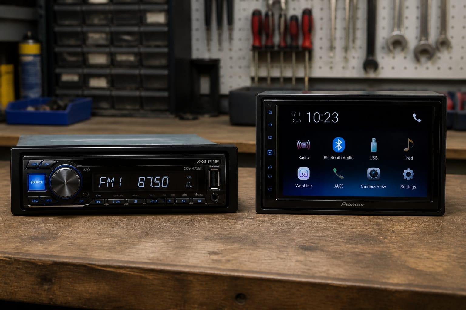 Comparing a single-DIN and double-DIN car stereo side by side on a workbench