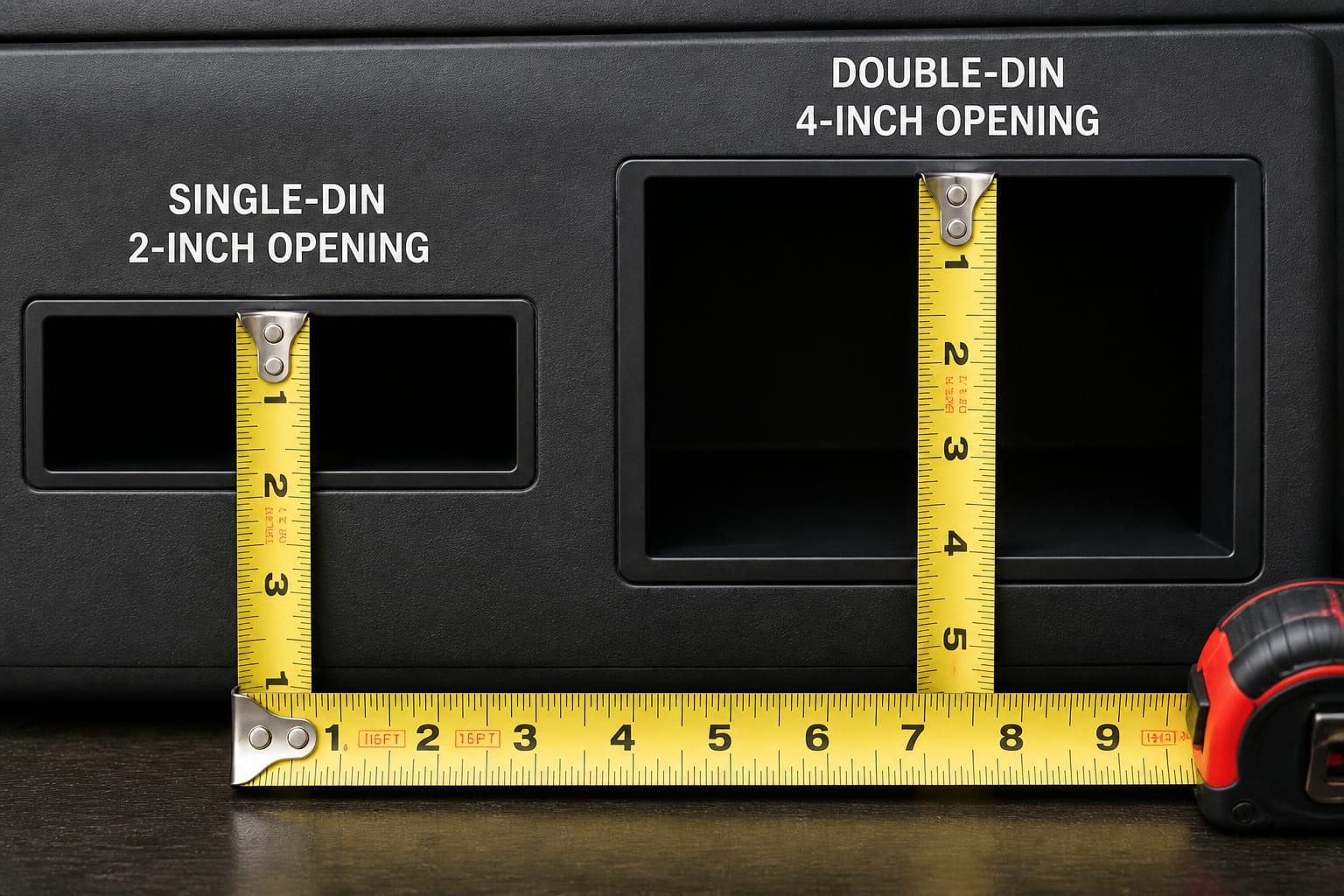 Tape measure showing the height difference between single-DIN and double-DIN stereo openings