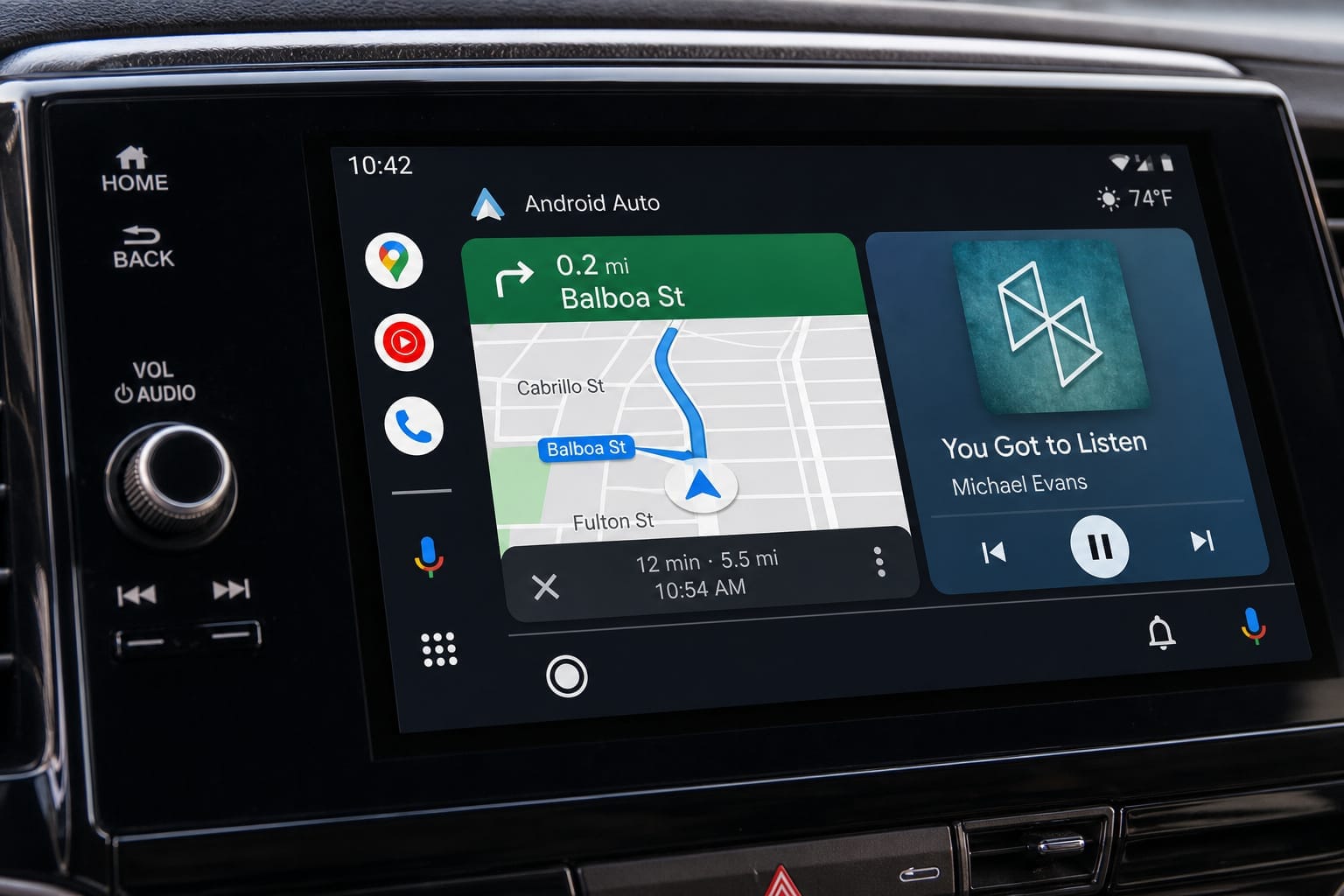 Car stereo touchscreen displaying the Android Auto home screen