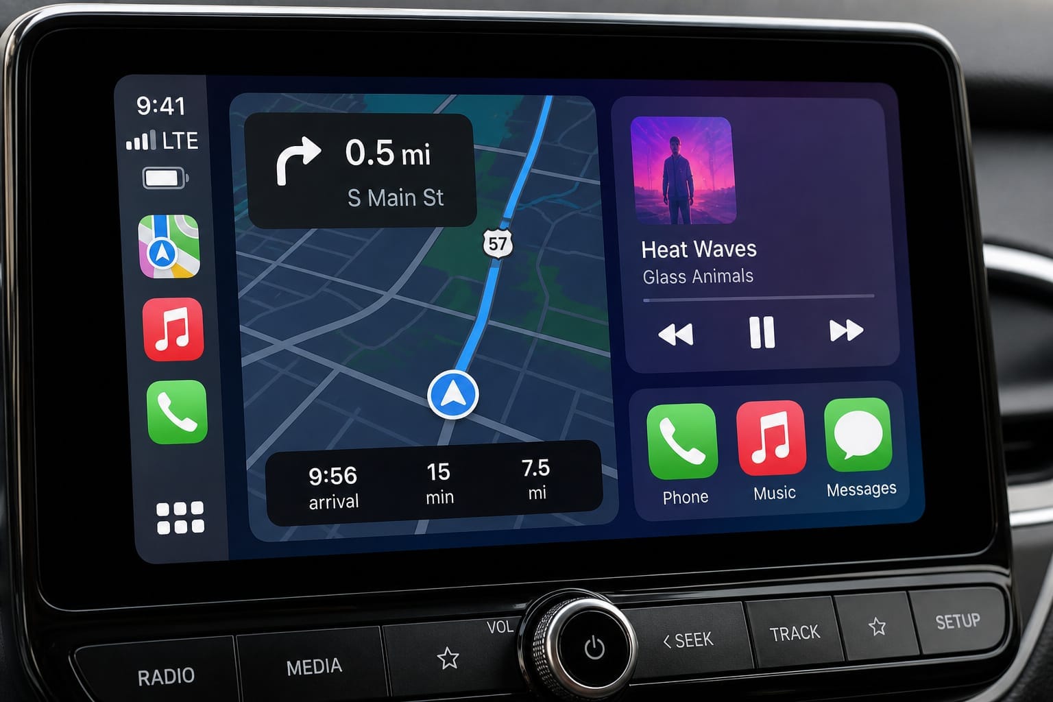 Car stereo touchscreen displaying the Apple CarPlay home screen