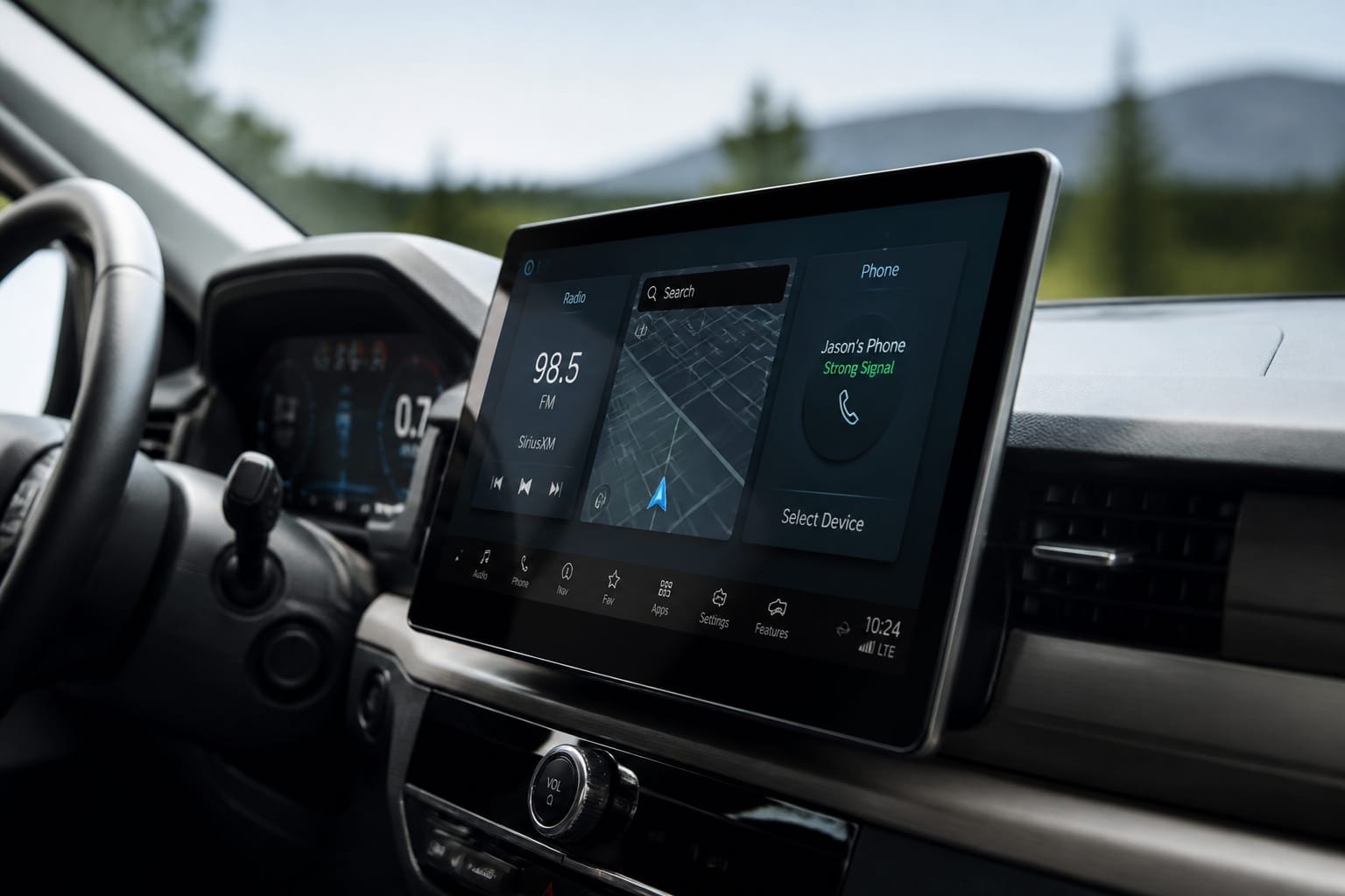 Large floating touchscreen car stereo mounted on a dashboard