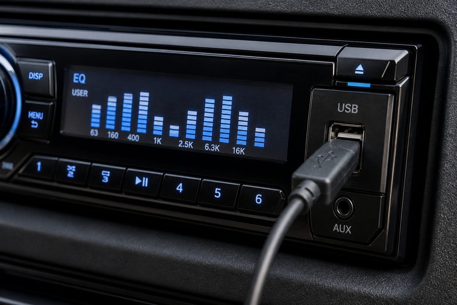 Car stereo USB port and auxiliary input used for charging and music playback