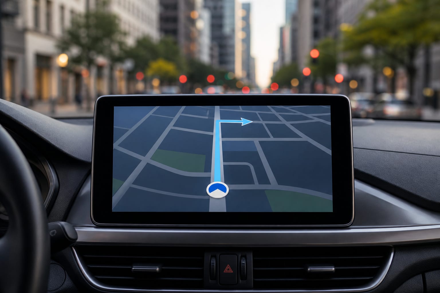 Car touchscreen showing a turn-by-turn navigation route