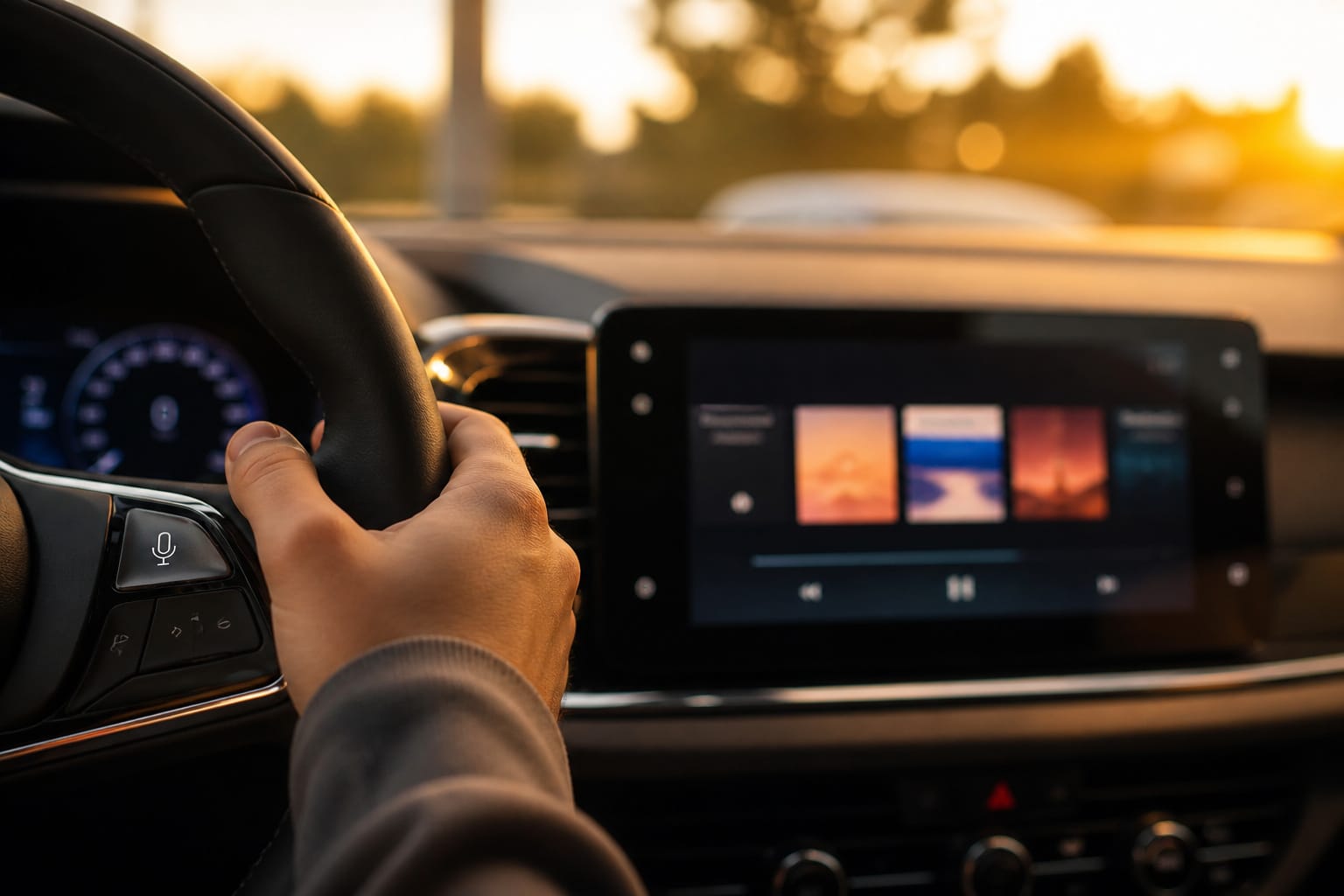 Driver's hand on the steering wheel with a music player glowing on the dashboard screen