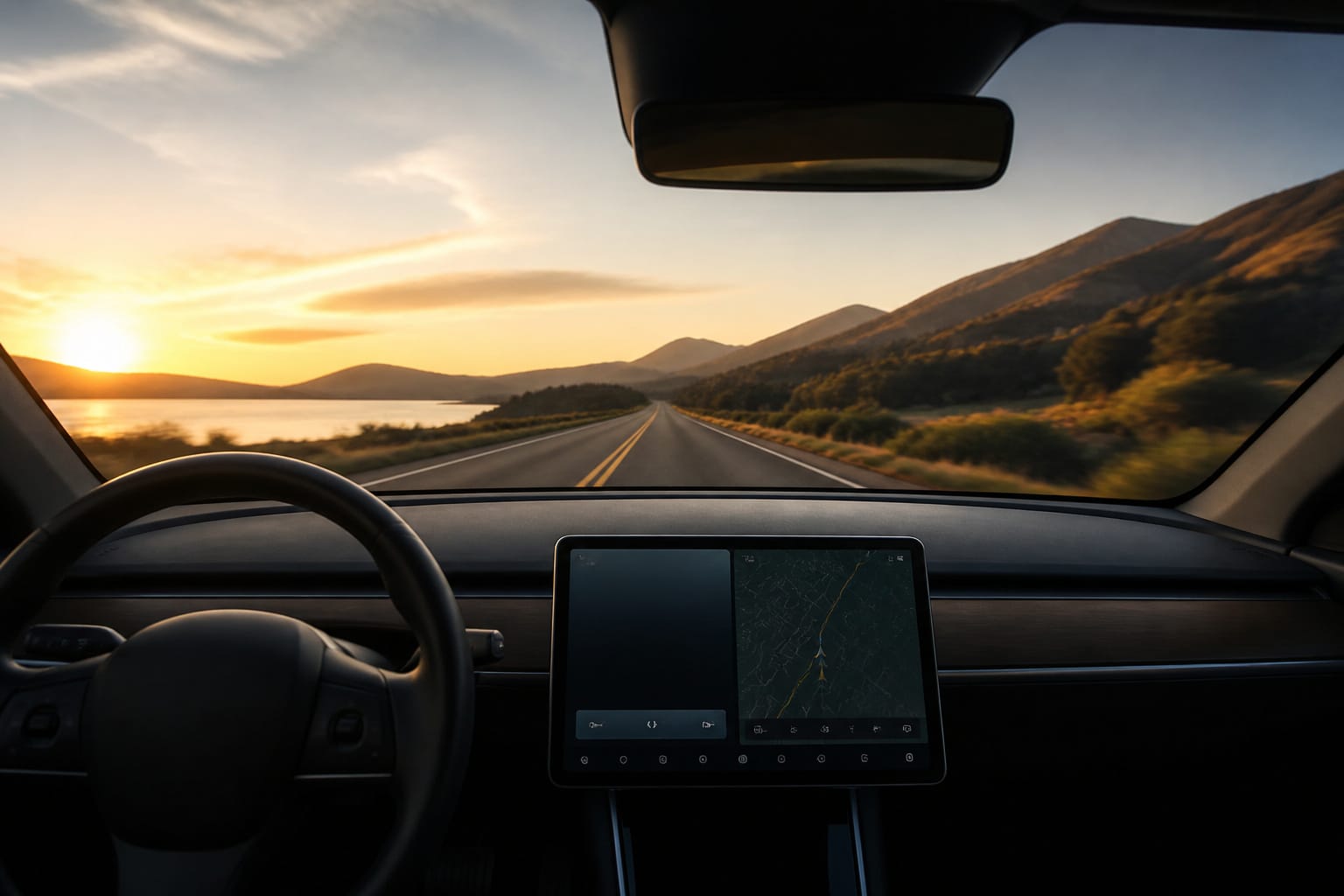Open road at golden hour seen from a car with a touchscreen glowing on the dashboard