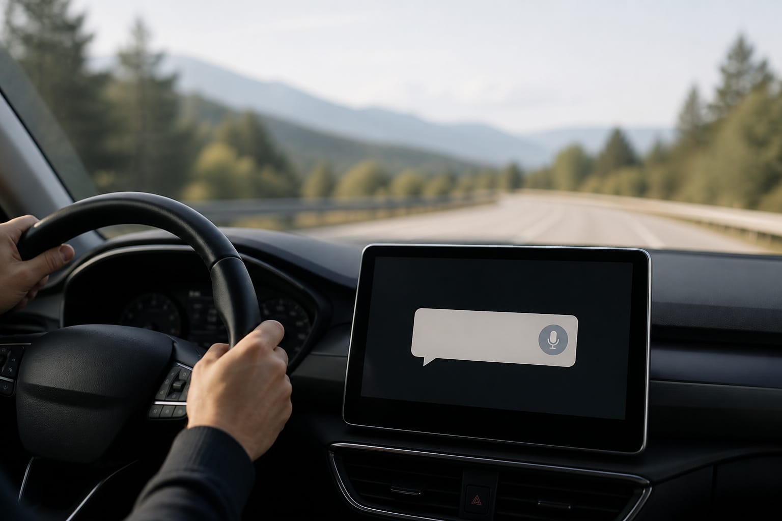 Dashboard screen showing a message notification while a driver keeps both hands on the wheel