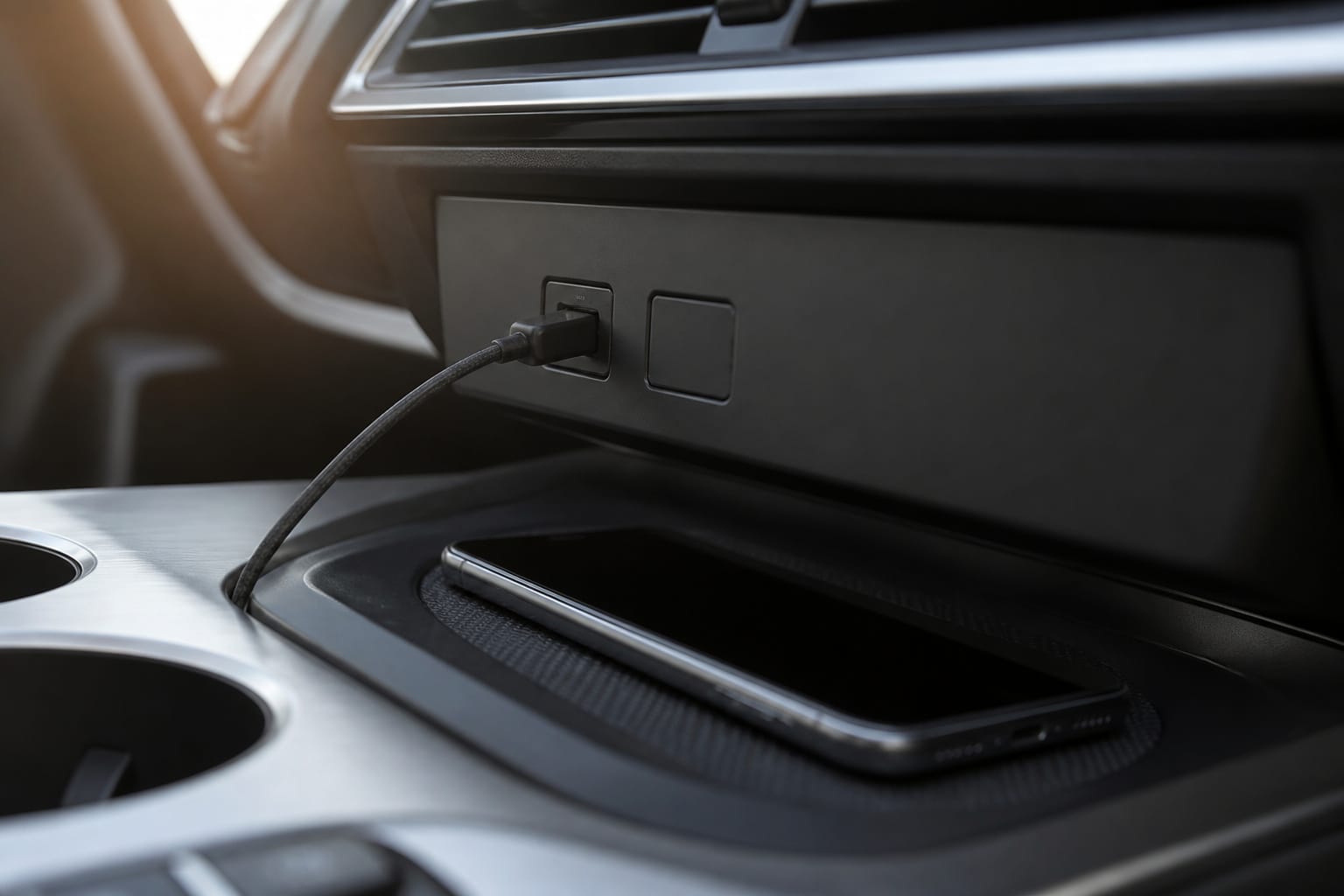 USB cable plugged into a car dashboard port next to a wireless charging pad