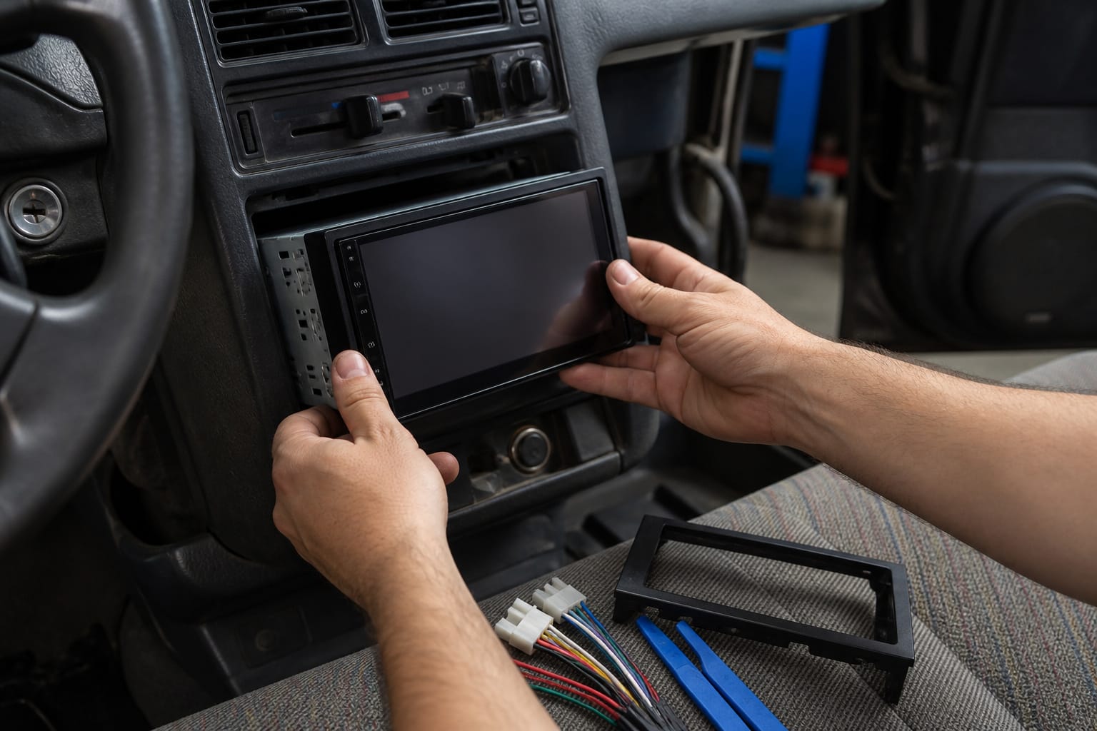 Aftermarket touchscreen stereo being installed in an older car dashboard