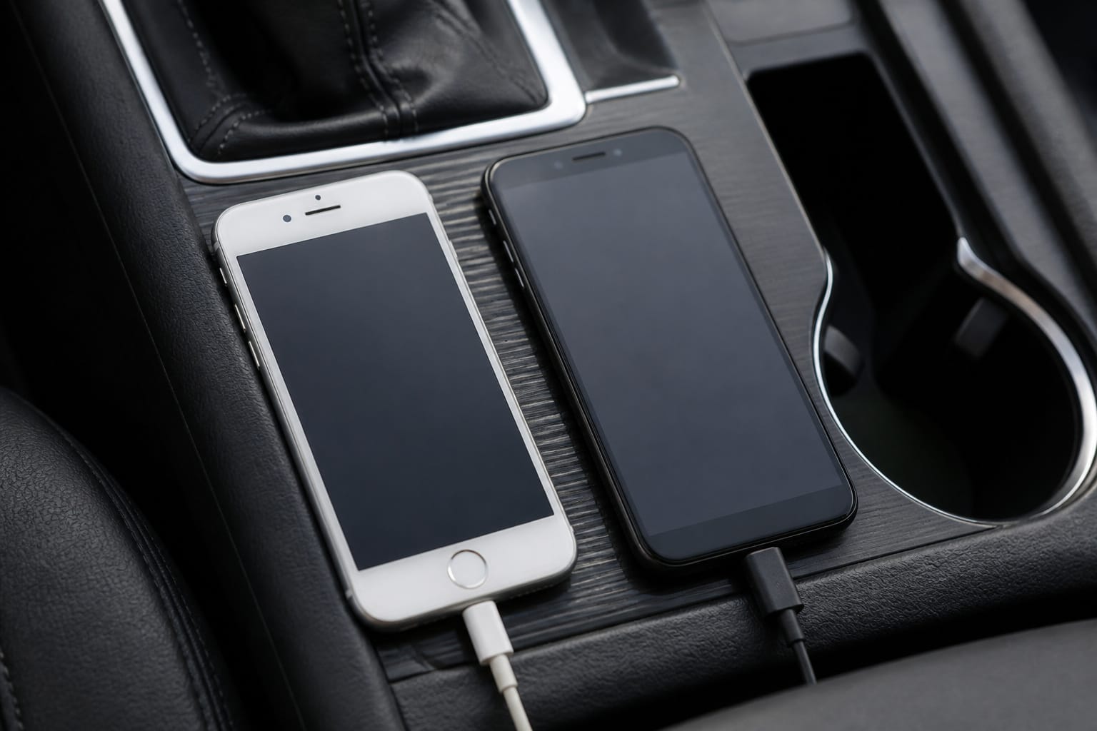 Two different smartphones plugged in side by side on a car center console