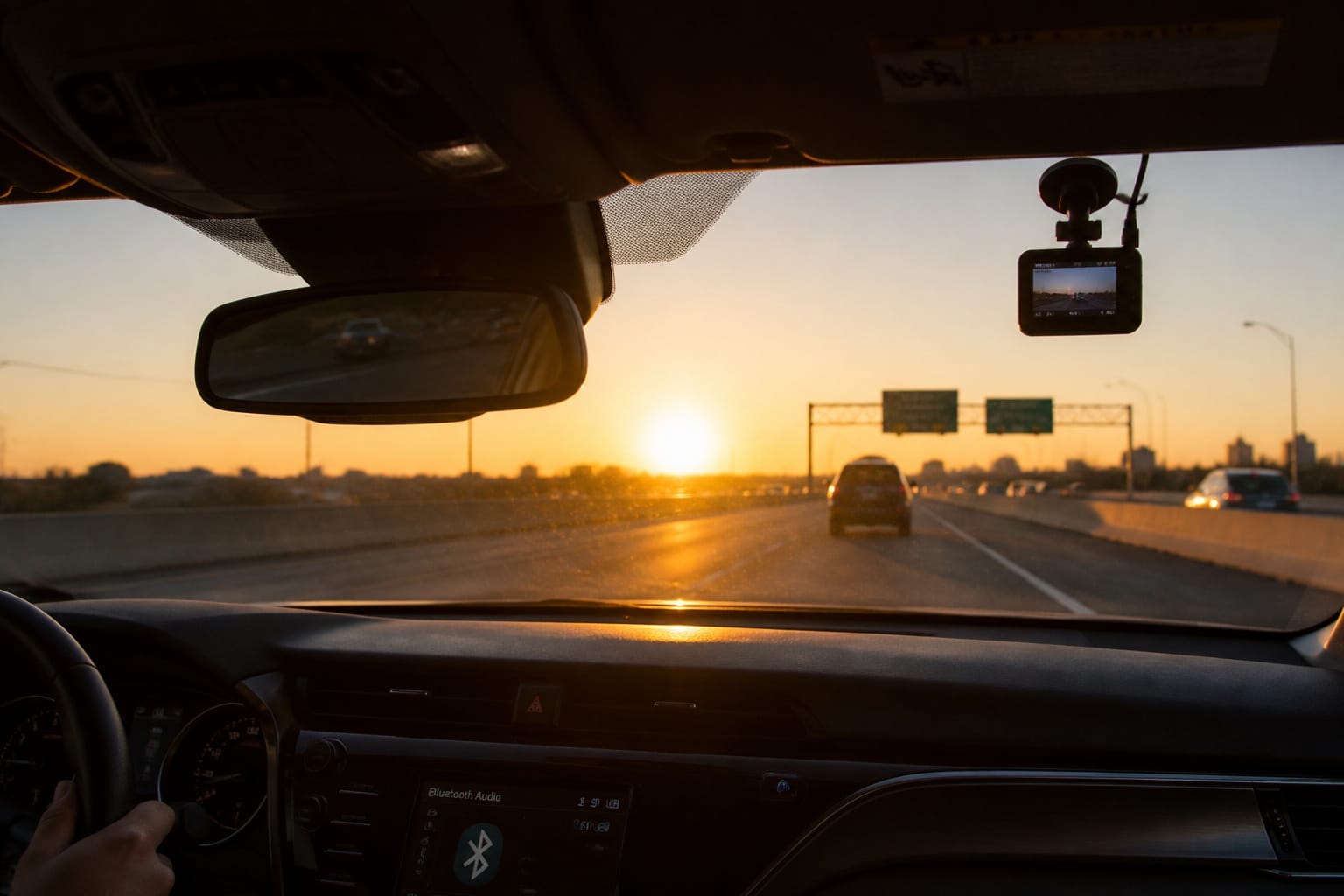Dash cam positioned to avoid sunset glare on a car's dashboard
