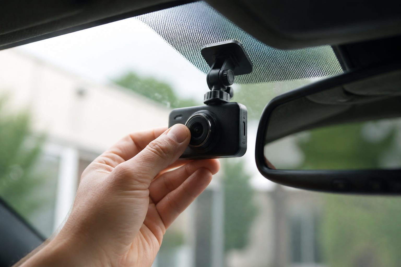 Hand positioning a dash cam near the rearview mirror on a windshield