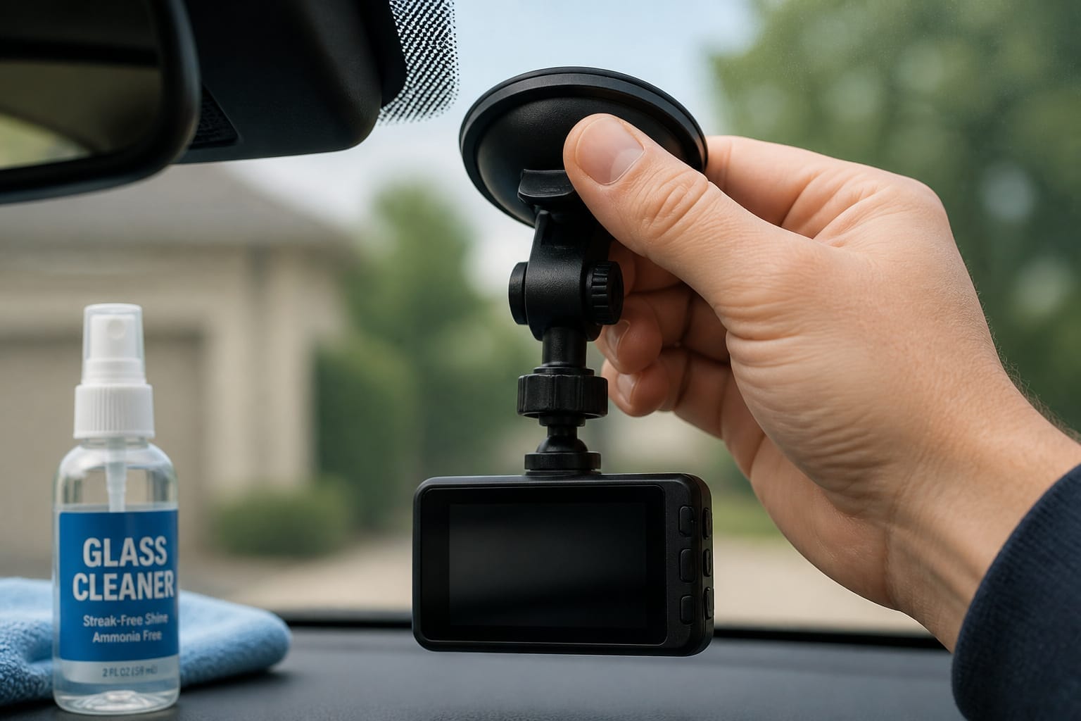 Dash cam suction cup mount being pressed onto a clean windshield