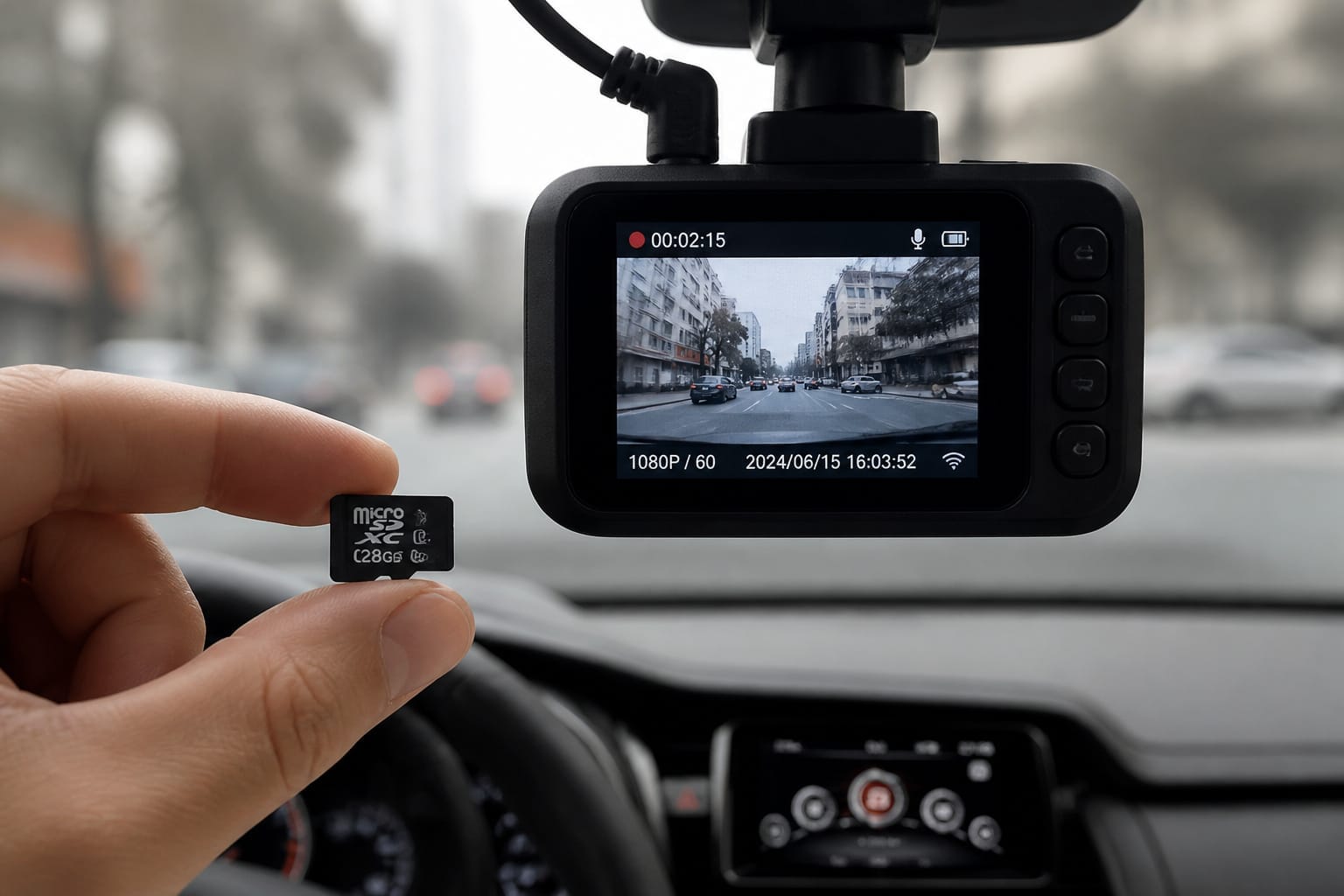 Hand holding a microSD card next to a dash cam displaying a recording timer