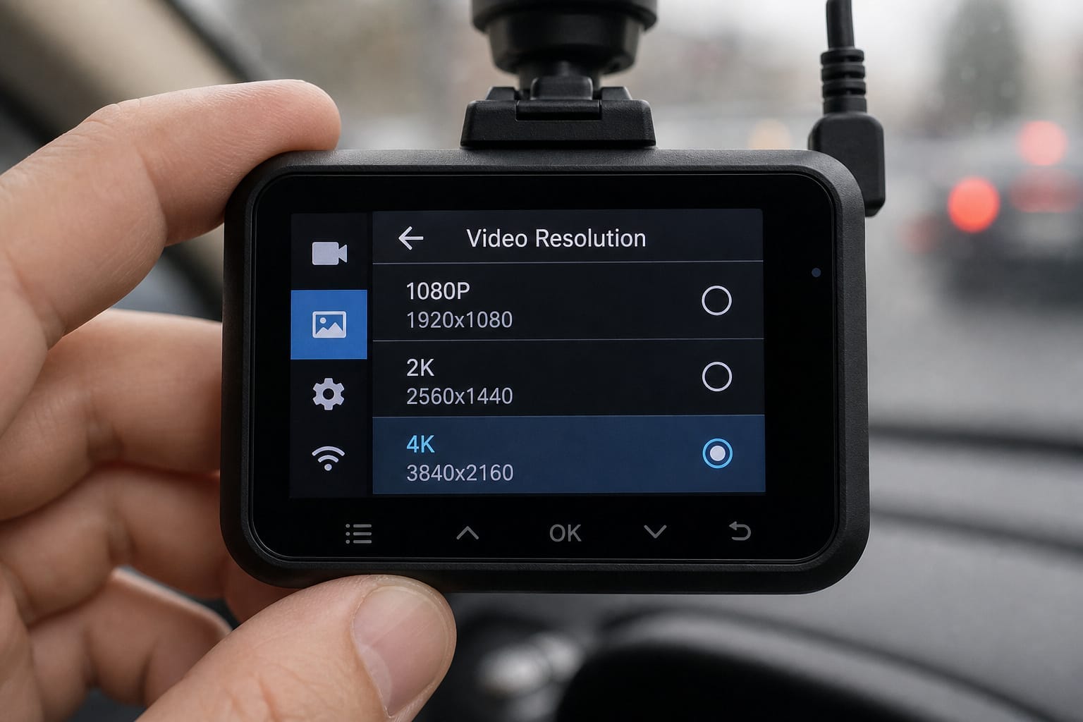 Dash cam settings menu showing resolution options