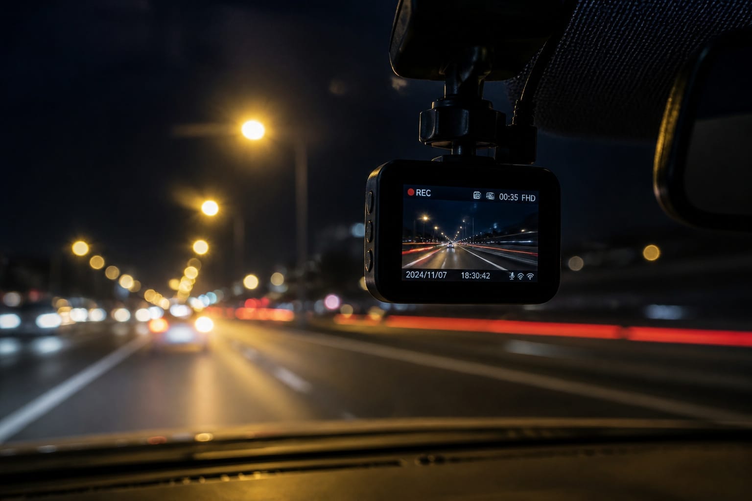 Dash cam on a windshield suggesting continuous loop recording