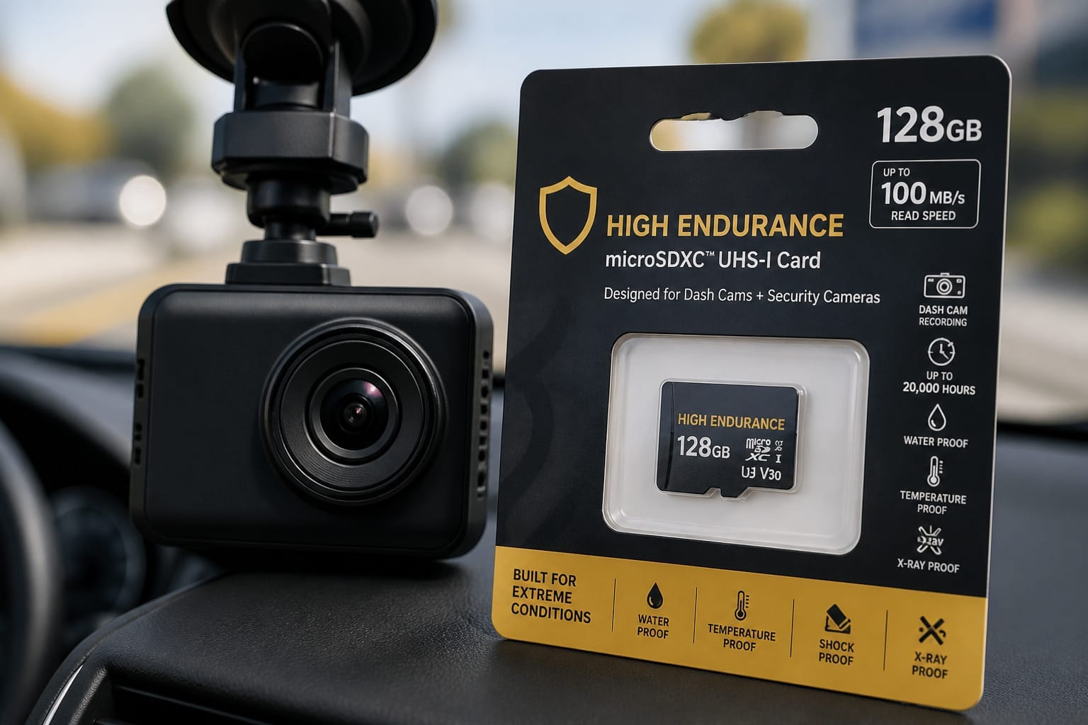 High-endurance microSD card next to a dash cam