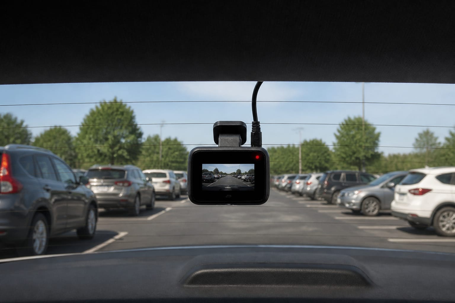 Rear dash camera mounted on the inside of a car's rear window