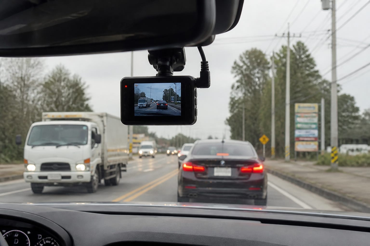 Single front-facing dash cam mounted behind the rearview mirror