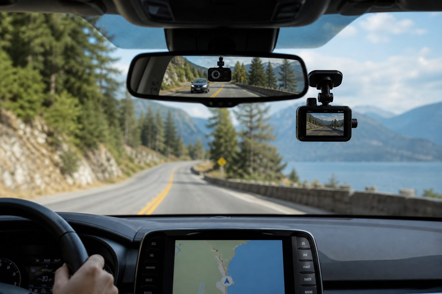 Driver's view of a dash cam and rearview mirror suggesting front and rear coverage