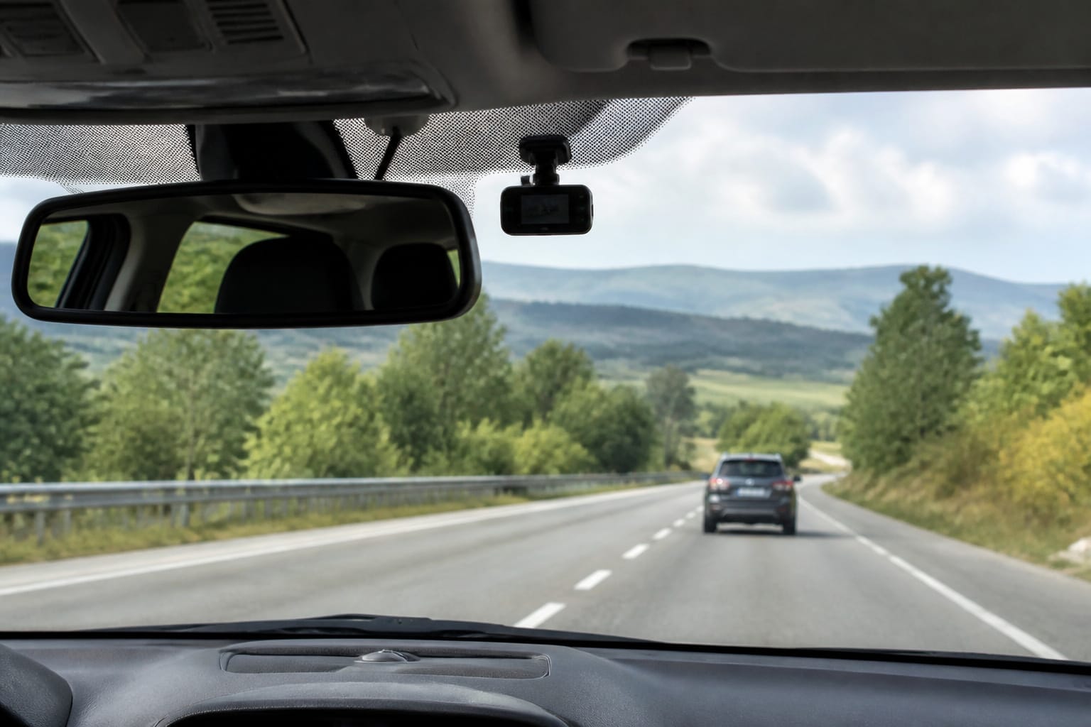 Small dash cam mounted discreetly near the rearview mirror