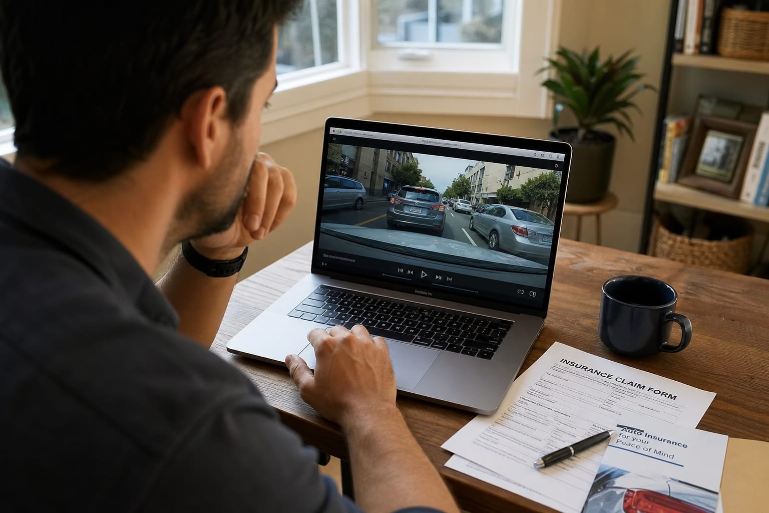 Person reviewing dash cam footage on a laptop after an accident