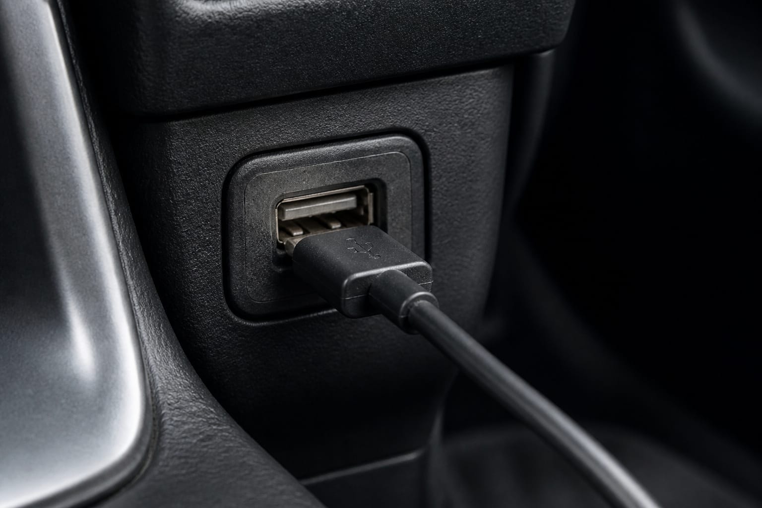 Older rectangular USB-A car charger port with a cable plugged in
