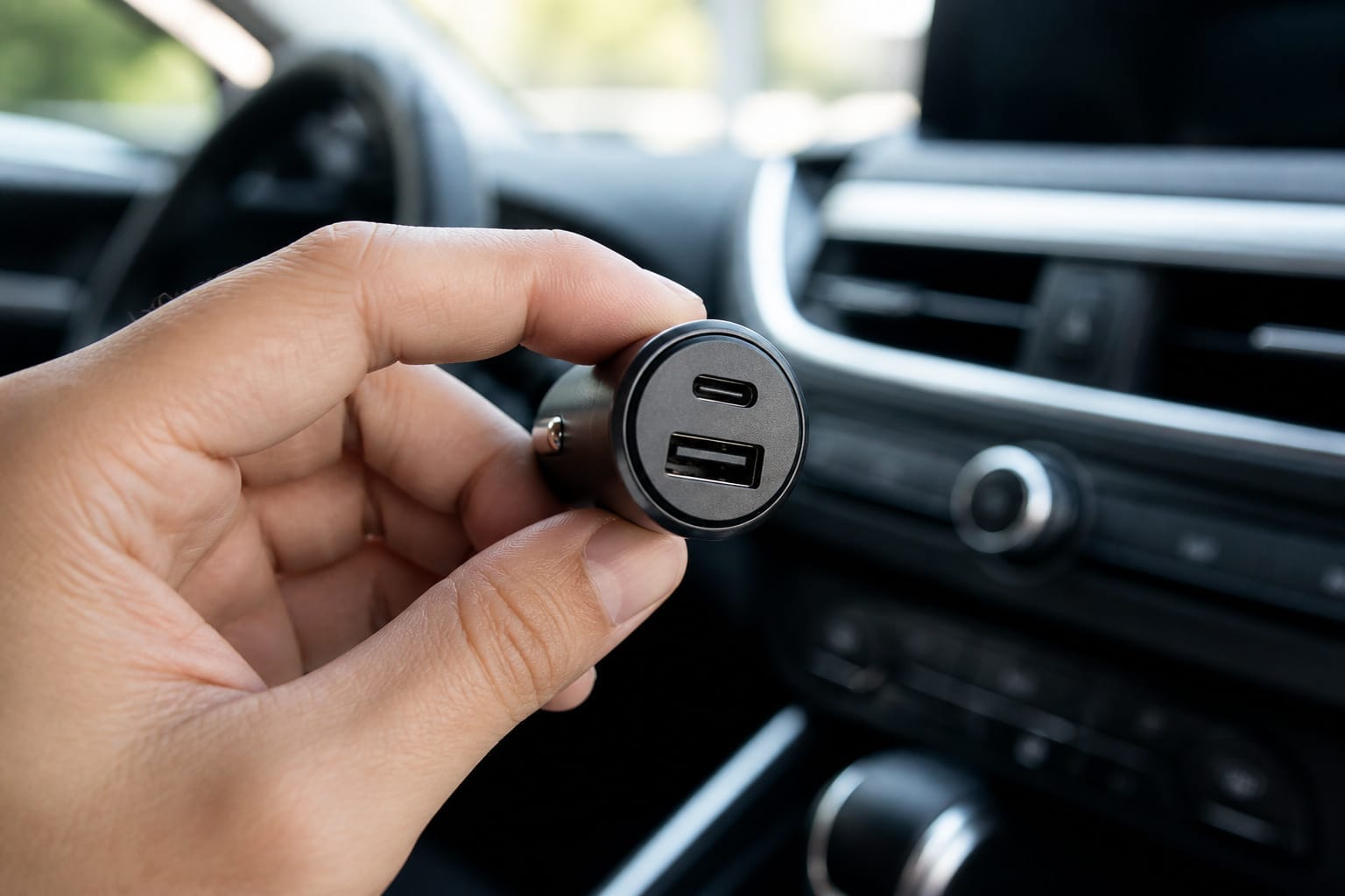 Hand holding a compact dual-port car charger with USB-C and USB-A ports