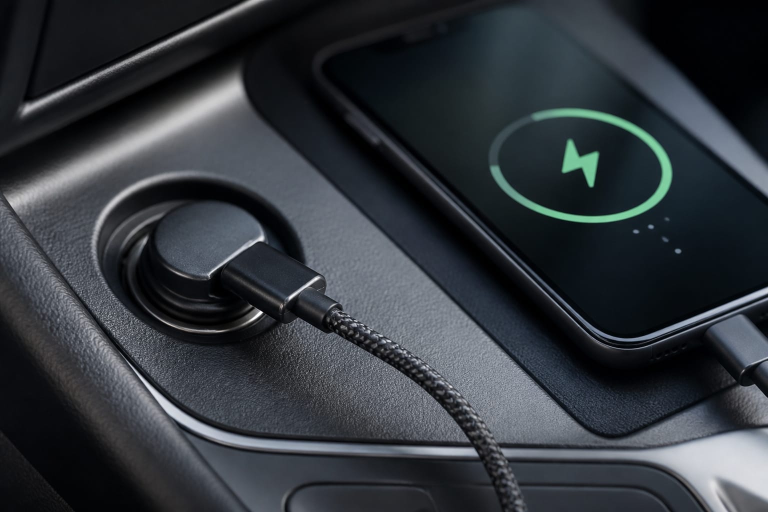 USB-C car charger port with a connector plugged in and a phone charging nearby