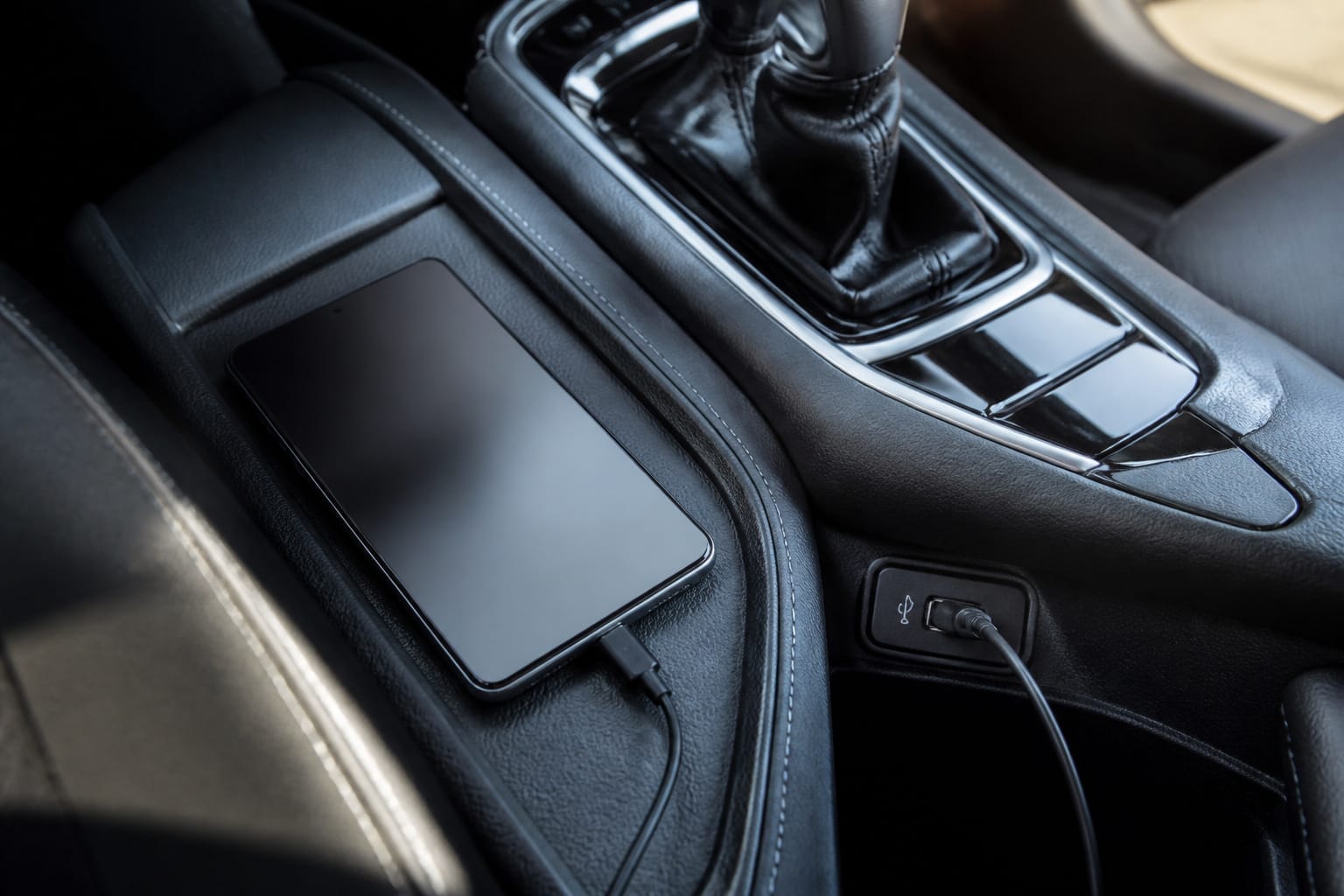 Smartphone charging from a car's USB port on the center console