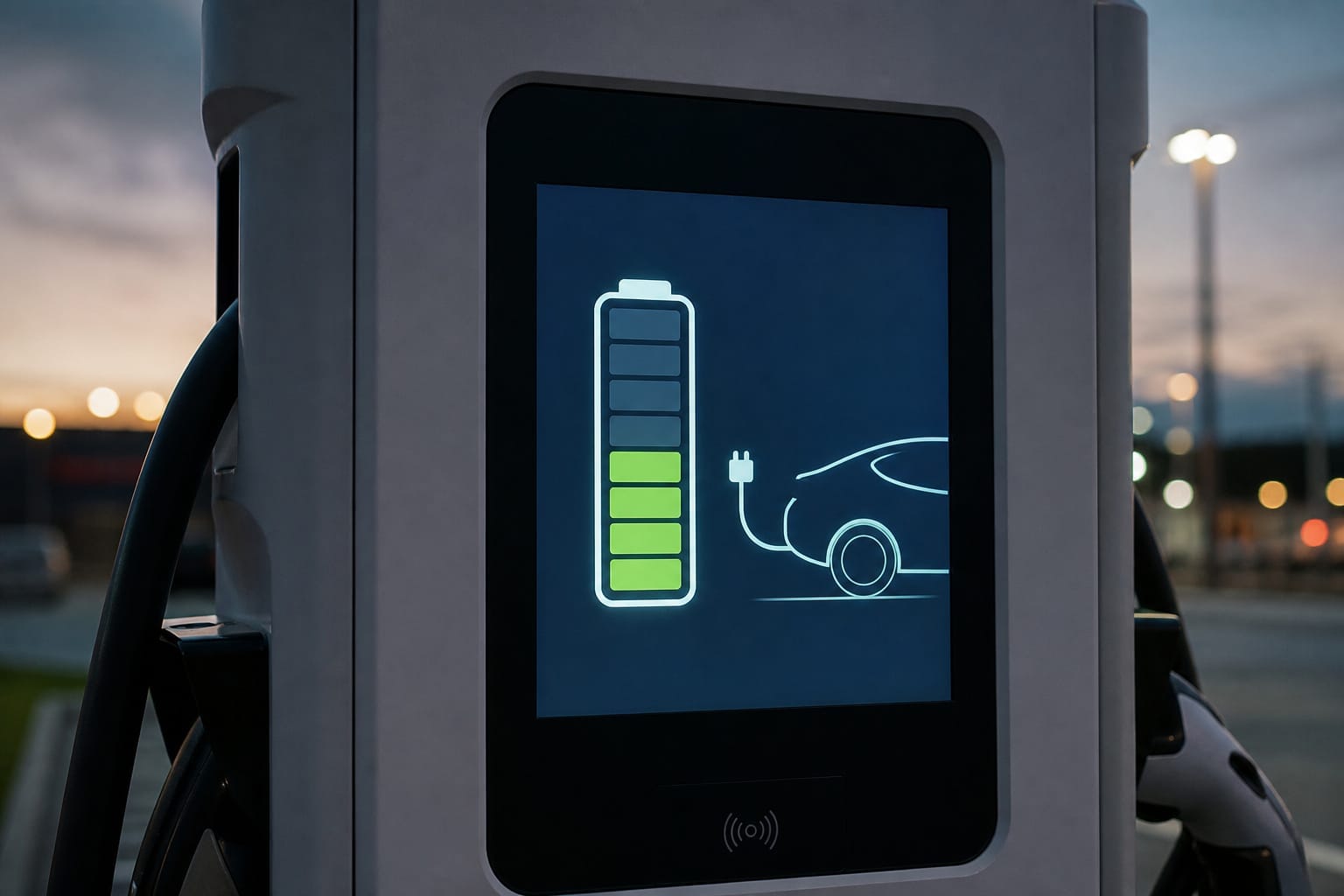 EV charging station display screen showing a charging progress graphic