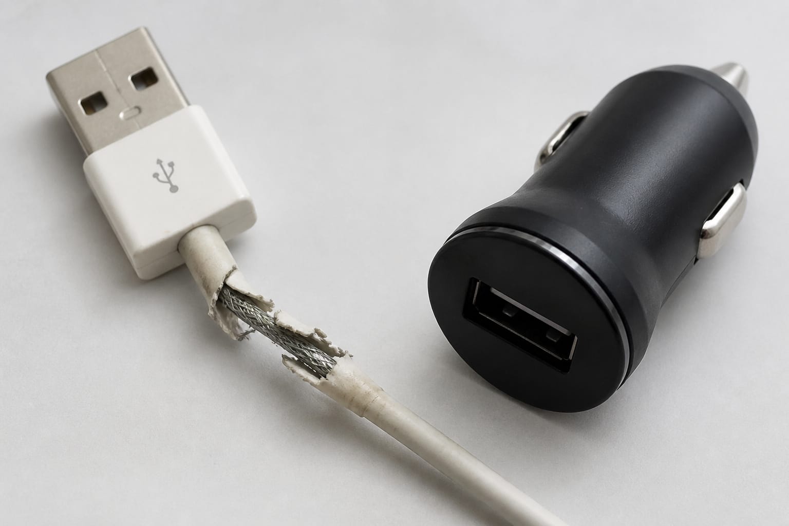 Frayed worn USB cable next to a car charger