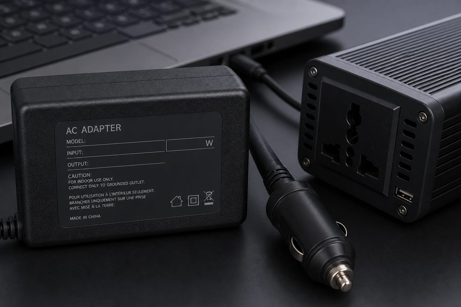 Laptop charger wattage label next to a car power inverter