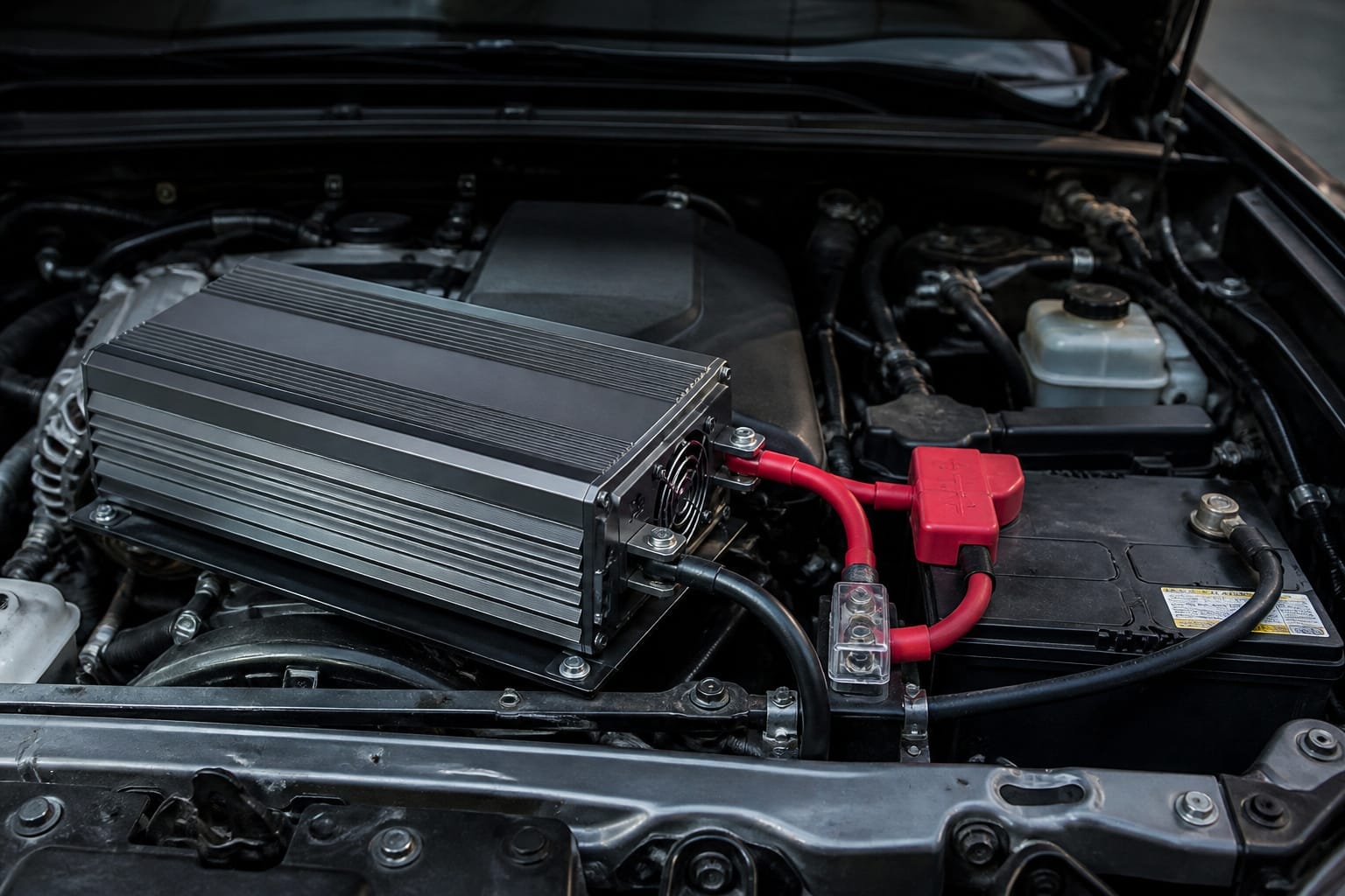 Power inverter hardwired with thick cables to a car battery