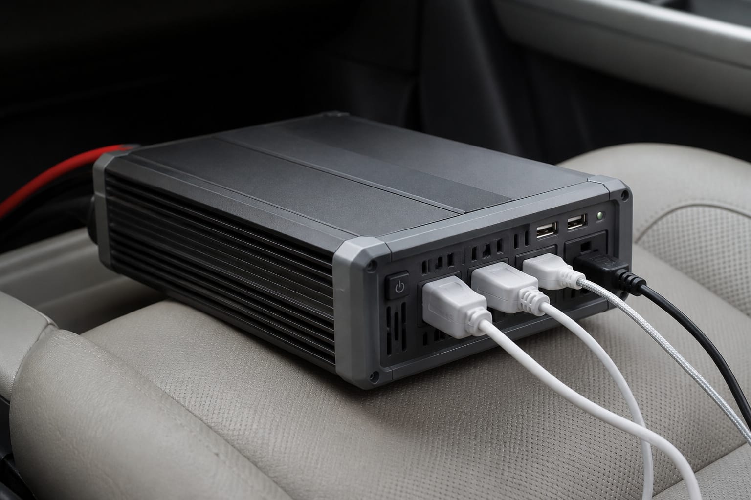 Car power inverter with several device cords plugged in on a car seat
