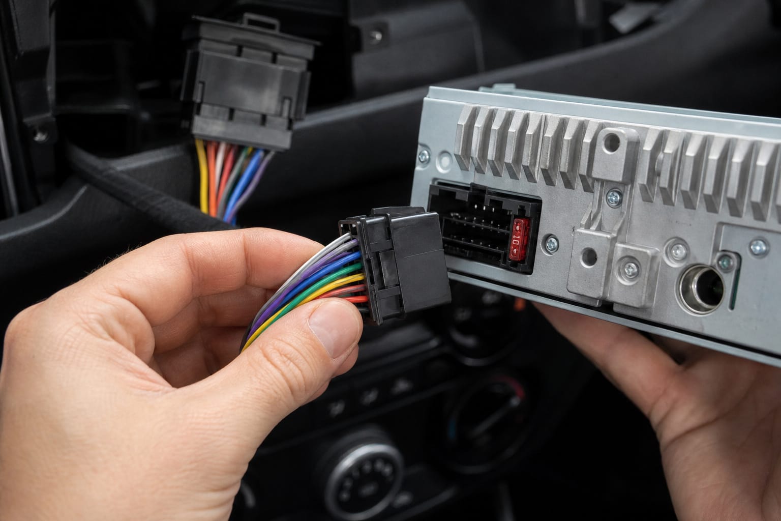 Wiring harness adapter being plugged into a car stereo without cutting factory wires
