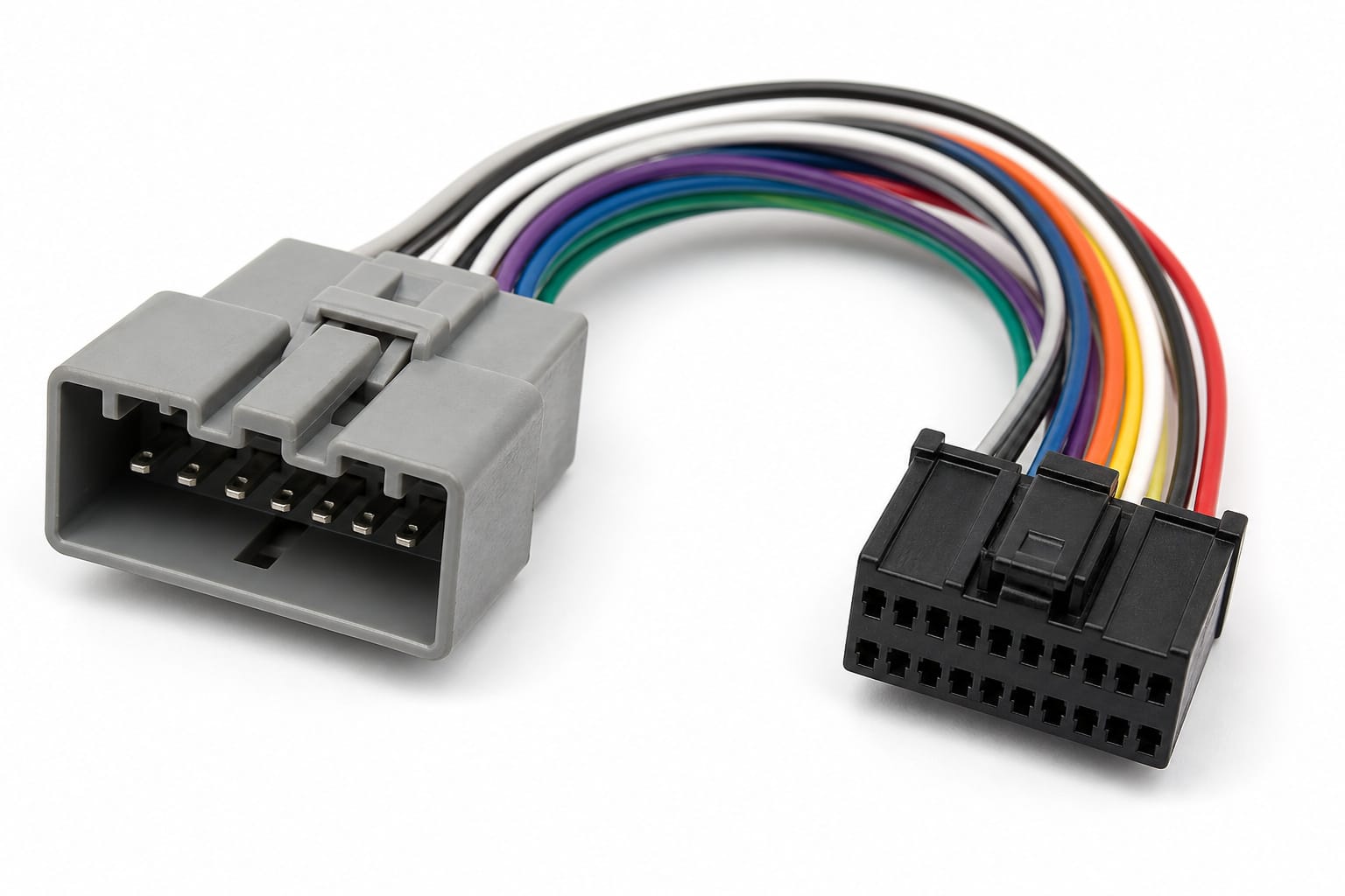 Wiring harness adapter with factory connector on one end and stereo plug on the other