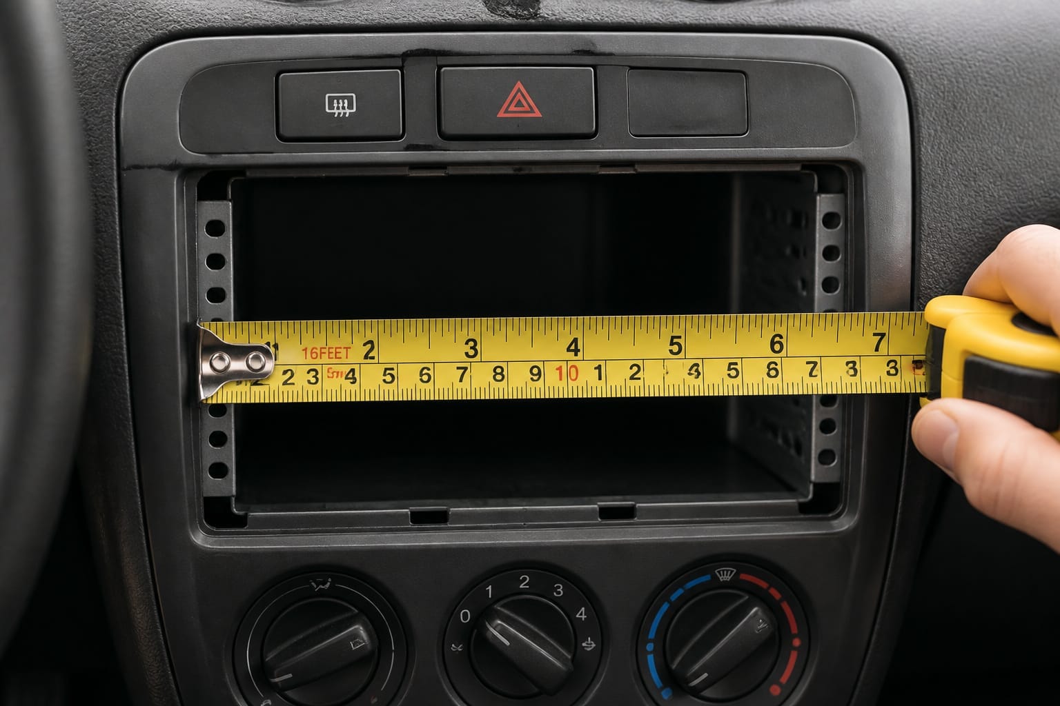 Tape measure checking the height of a car dashboard stereo opening