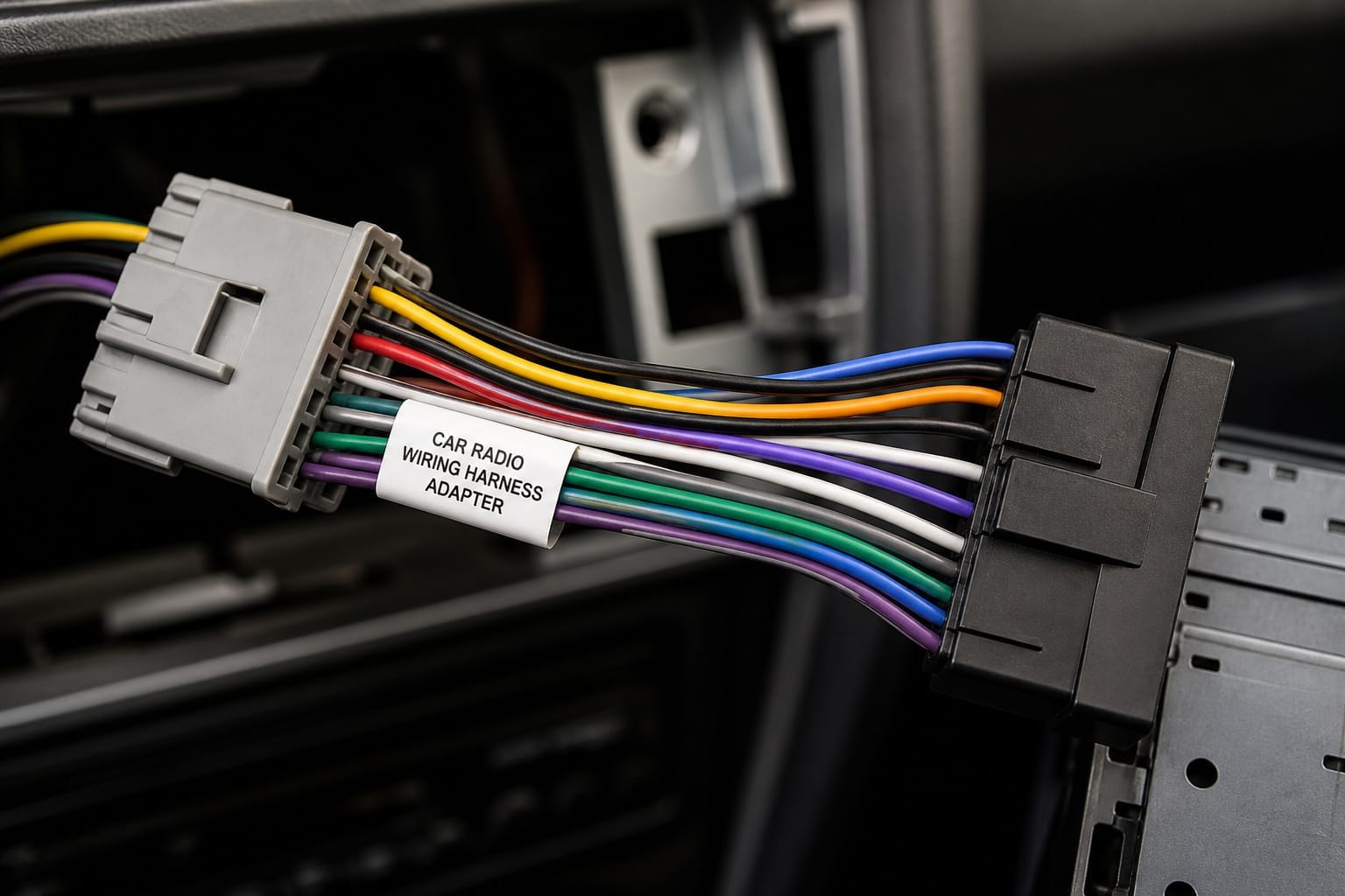 Wiring harness adapter connected between a car's factory wires and a new stereo