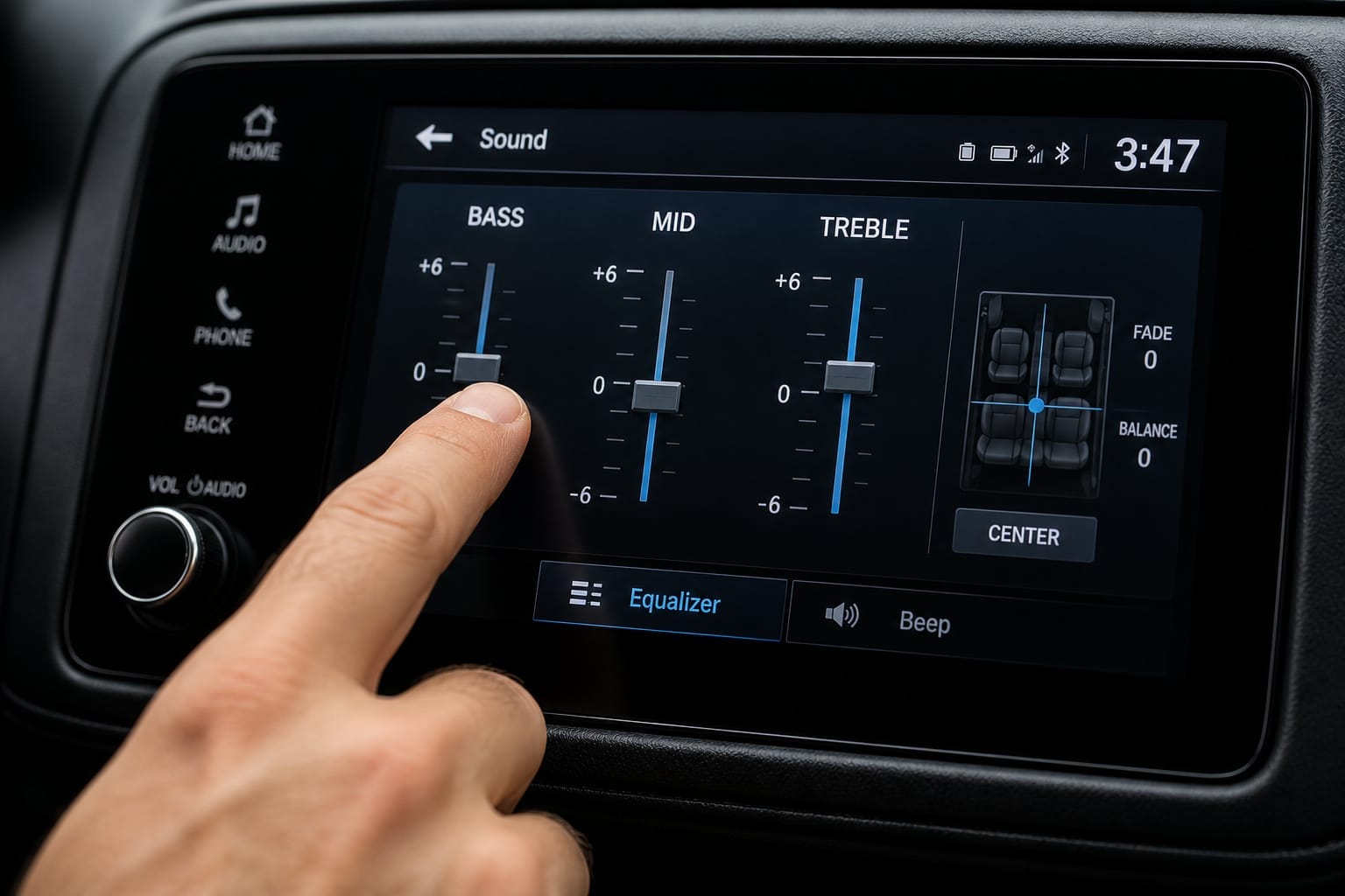 Driver adjusting equalizer settings on a car stereo touchscreen