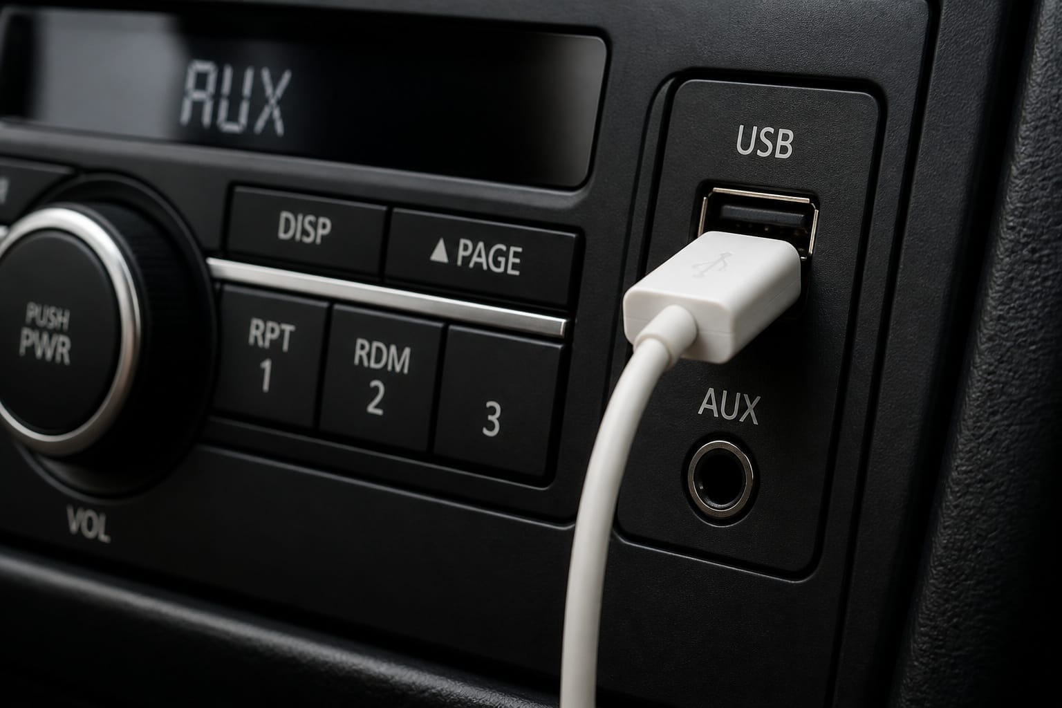 Car stereo front panel with USB port and auxiliary input for charging devices