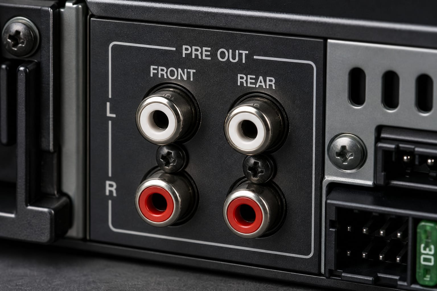 RCA preamp output jacks on the back of a car stereo head unit