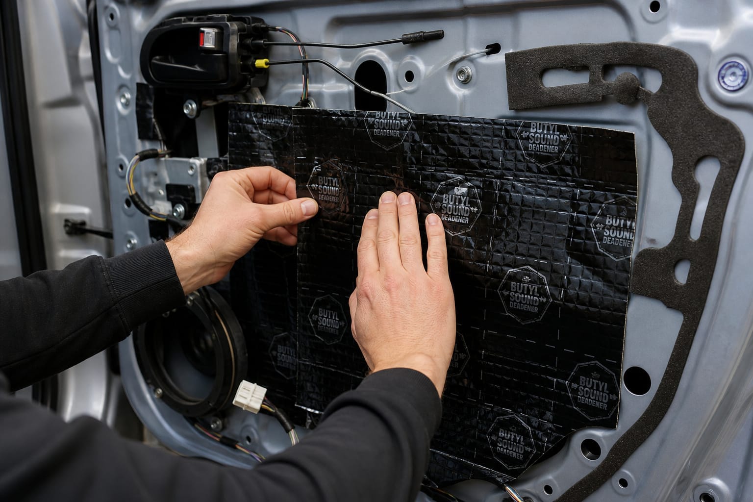 Sound deadening butyl rubber sheets being applied inside a car door panel